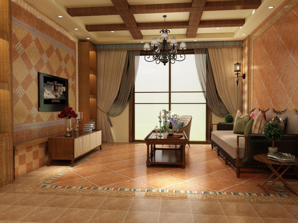 仿古客厅地砖贴图-欧神诺瓷砖效果图