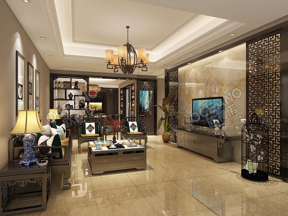 中式客厅蒂诺米白抛釉砖装修图-欧神诺瓷砖效果图