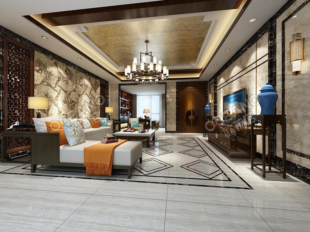 中式客厅木纹石抛釉砖装修图-欧神诺瓷砖效果图