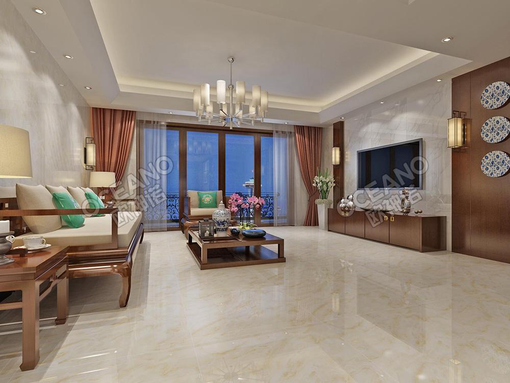 中式客厅西班牙黄玉抛釉砖装修图-欧神诺瓷砖效果图