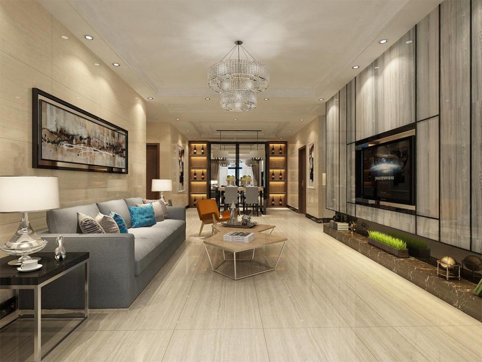 现代简约客厅法国木纹抛釉砖装修图-欧神诺瓷砖效果图