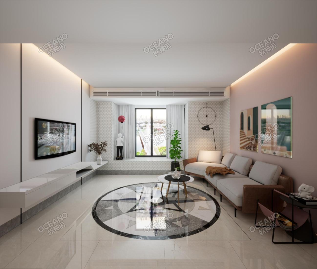 天津河东区-中储正荣栋境-f户型现代客厅-欧神诺瓷砖效果图